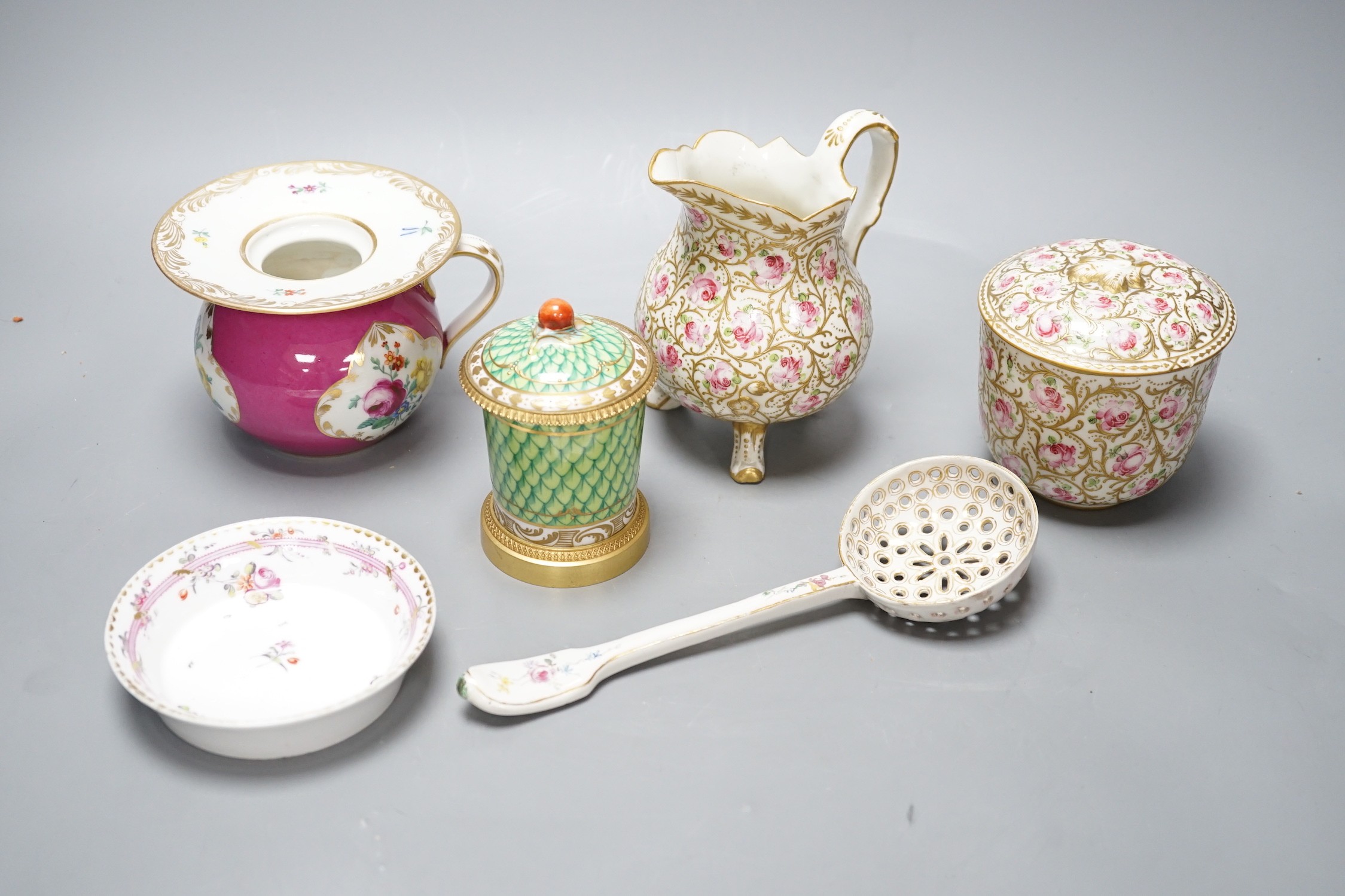 A Vienna porcelain small spittoon, early 19th century, a Sevres style jug, sucrier and pot and a Rudolstadt dish